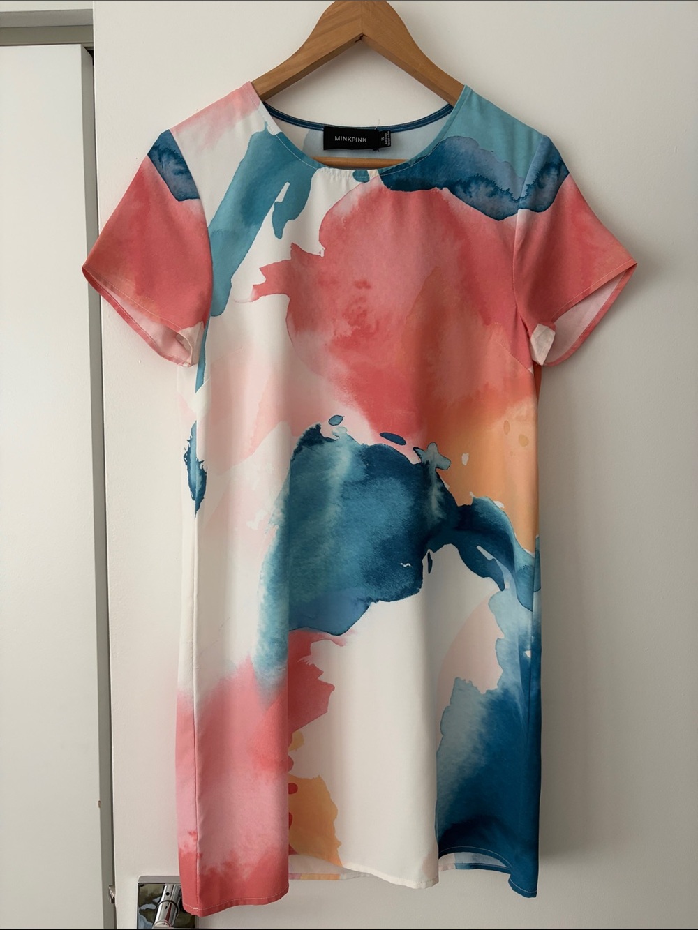 Unique Short-Sleeve Watercolor Shift Dress in Coral, Teal, Orange & White